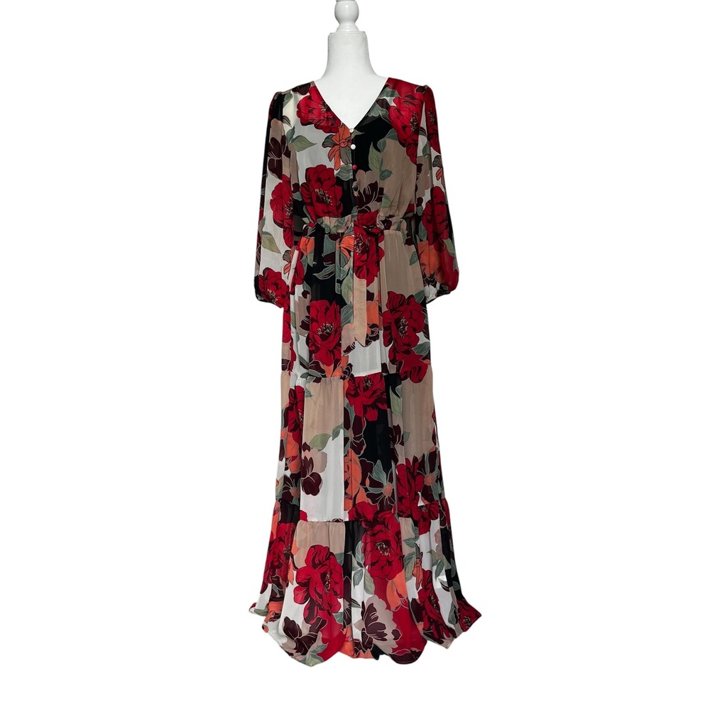 Poppi Floral Maxi Dress Size L V Neck Long Sheer Sleeves Tie Waist Red Sz M